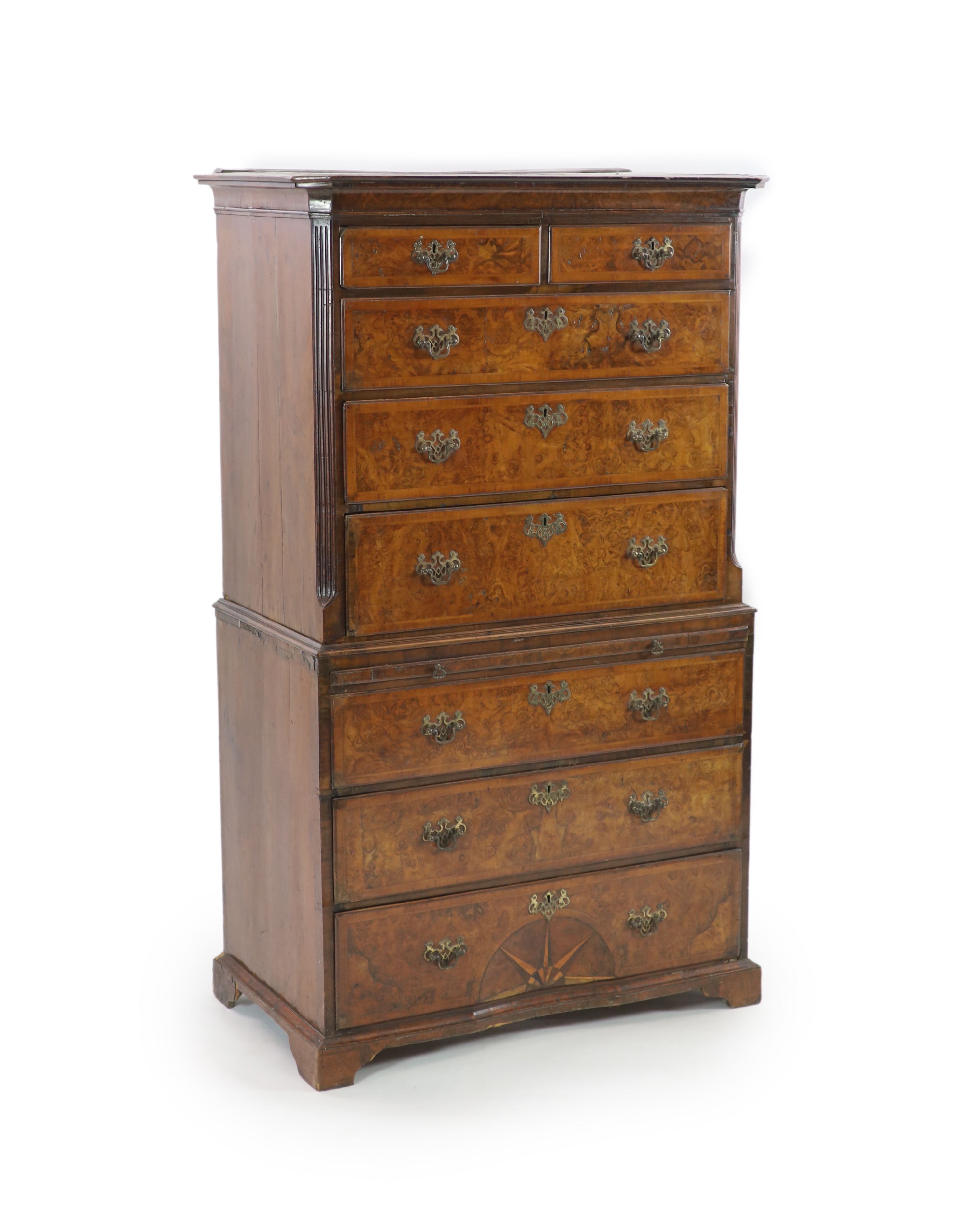 A George I crossbanded burr walnut chest on chest W.101cm D.57cm H.171cm